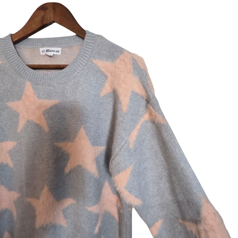 Macaron Gray Pink Star Print Knit Crewneck Sweater Pullover Small 053 bin - Picture 8 of 16